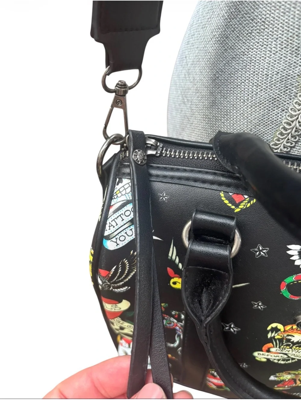 Ed Hardy Black Tattoo Flash Print Satchel Crossbody Bag Street Style Whimsygoth